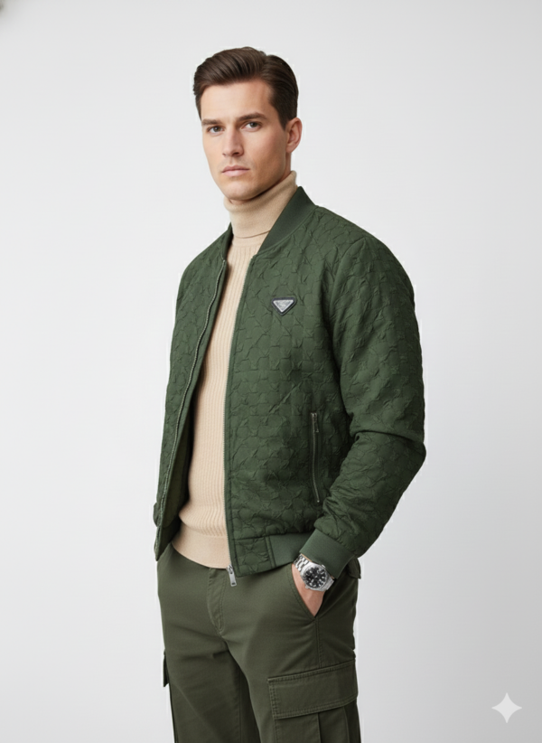 A man standing on a waterfront pier wearing a dark olive green textured bomber jacket over a beige ribbed turtleneck sweater and matching cargo pants.