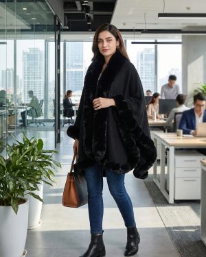 Women Cloak Coats Capes Mid Length Fur Collar Ponchos