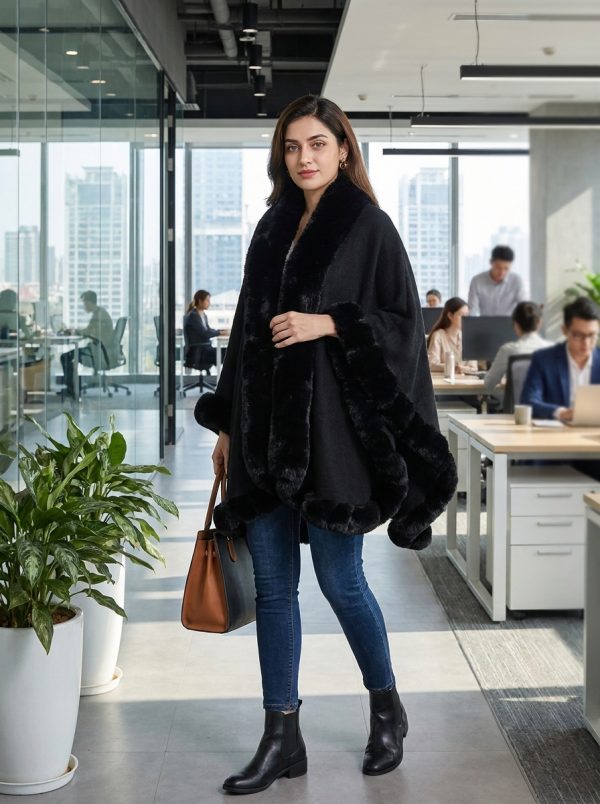 Women Cloak Coats Capes Mid Length Fur Collar Ponchos