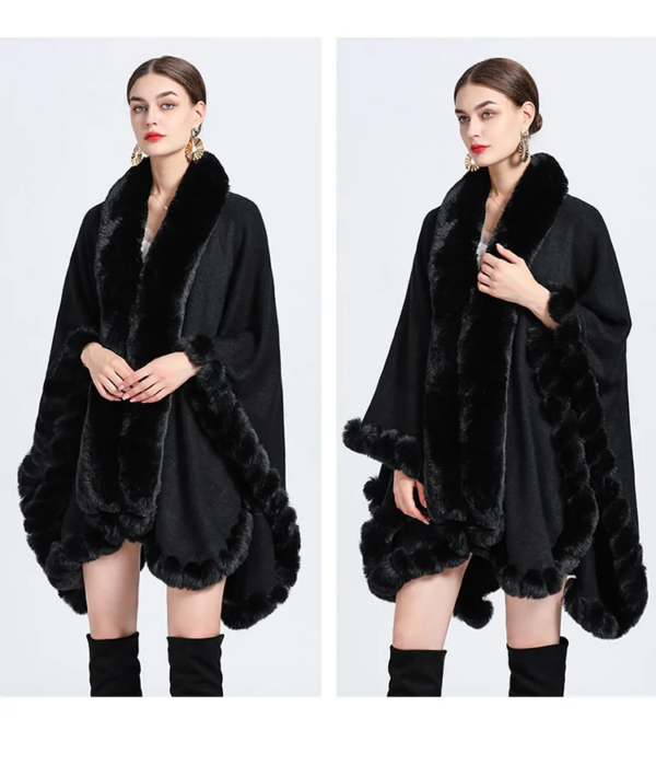 Women Cloak Coats Capes Mid Length Fur Collar Ponchos - Image 2
