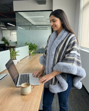 Luxurious Faux-Fur Trimmed Striped Knit Cape – Grey & White