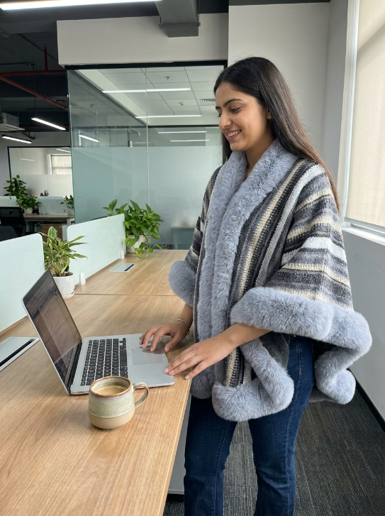 Luxurious Faux-Fur Trimmed Striped Knit Cape – Grey & White