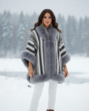 Luxurious Faux-Fur Trimmed Striped Knit Cape