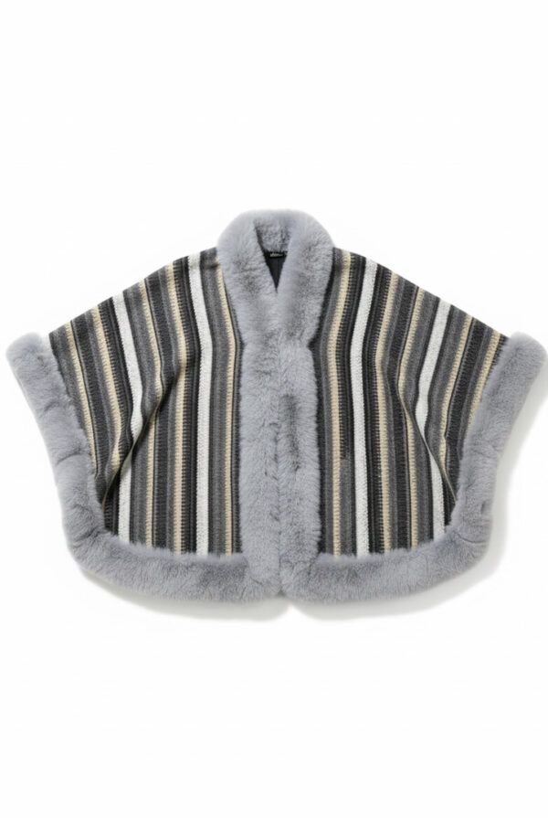 Luxurious Faux-Fur Trimmed Striped Knit Cape – Grey & White - Image 2