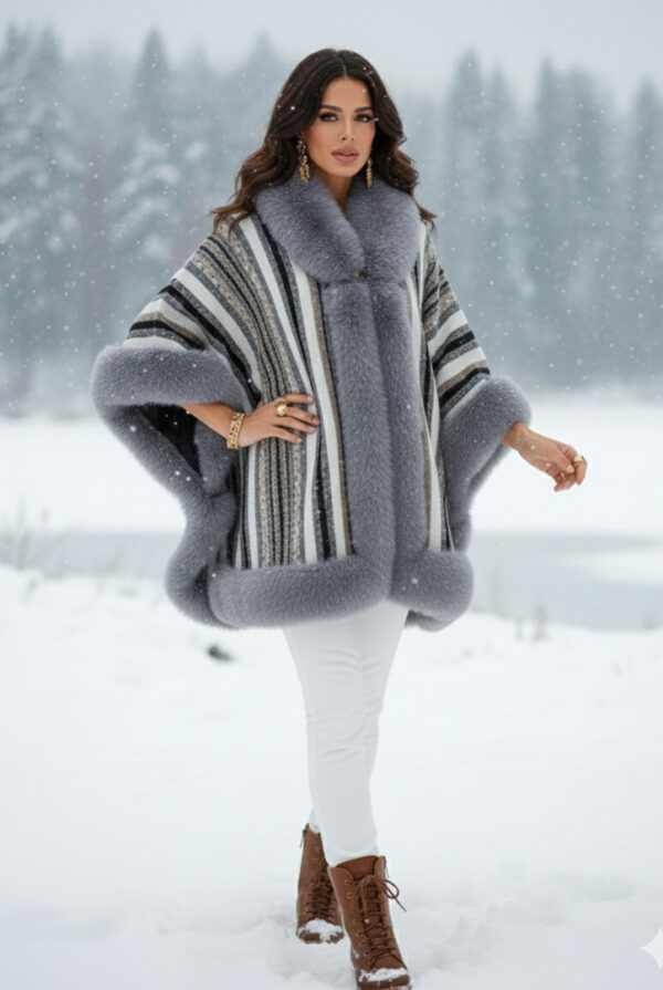 Luxurious Faux-Fur Trimmed Striped Knit Cape – Grey & White - Image 3