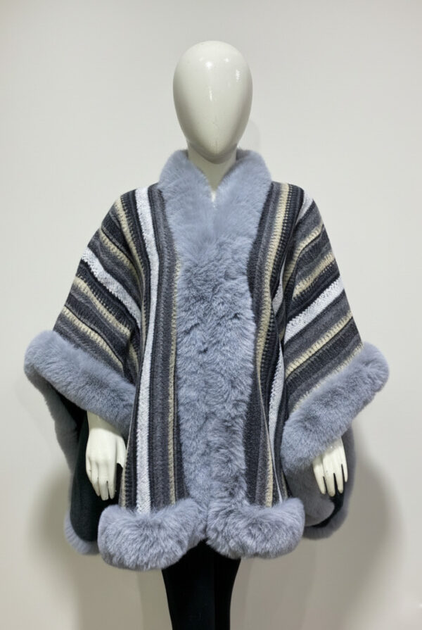 Luxurious Faux-Fur Trimmed Striped Knit Cape – Grey & White - Image 5