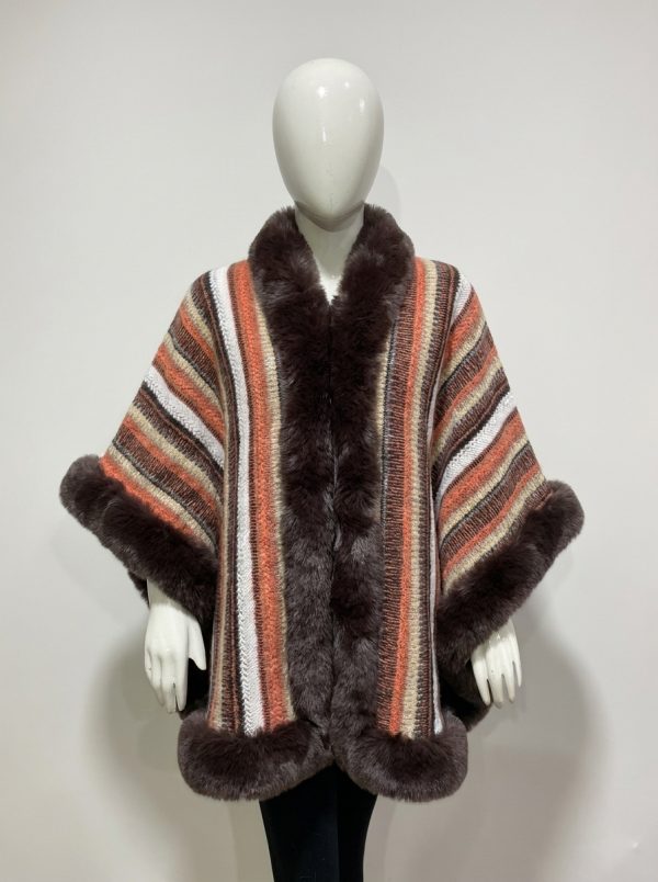 Luxurious Faux-Fur Trimmed Striped Knit Cape - Image 2