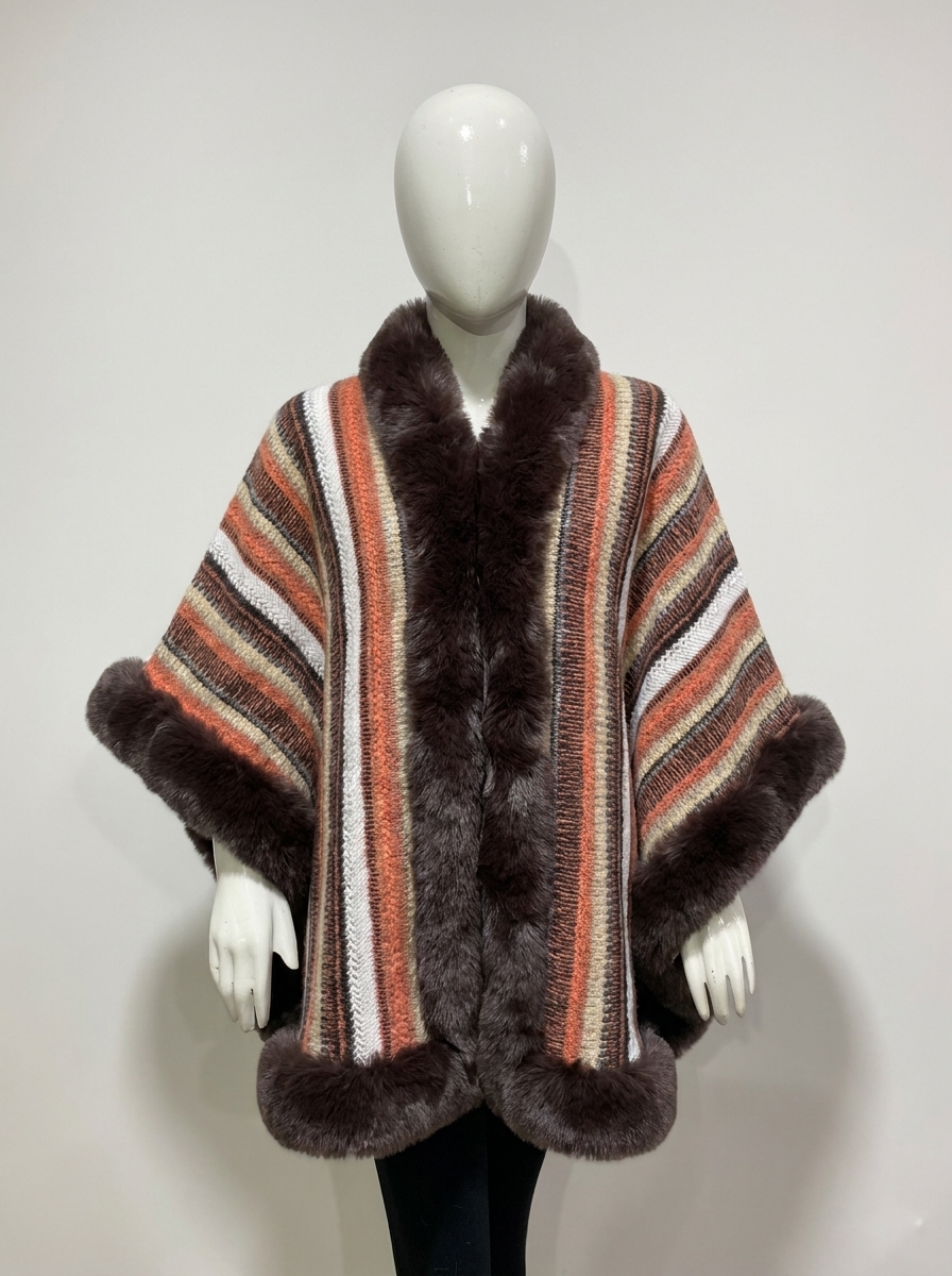 Luxurious Faux-Fur Trimmed Striped Knit Cape - Image 2